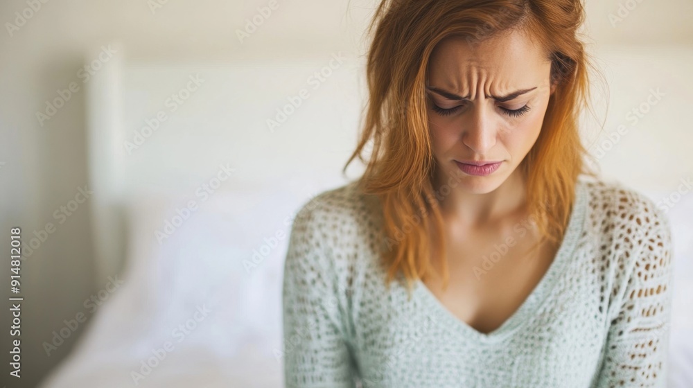 A young woman is sitting on her bed, visibly uncomfortable and holding her stomach A young woman is sitting on her bed, visibly uncomfortable and holding her stomach