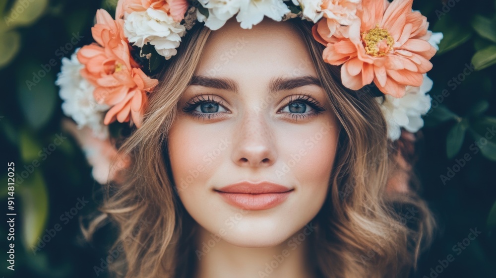 A young woman with a floral headpiece stands amidst vibrant greenery, smiling softly as the golden light surrounds her A young woman with a floral headpiece stands amidst vibrant greenery, smiling softly as the golden light surrounds her