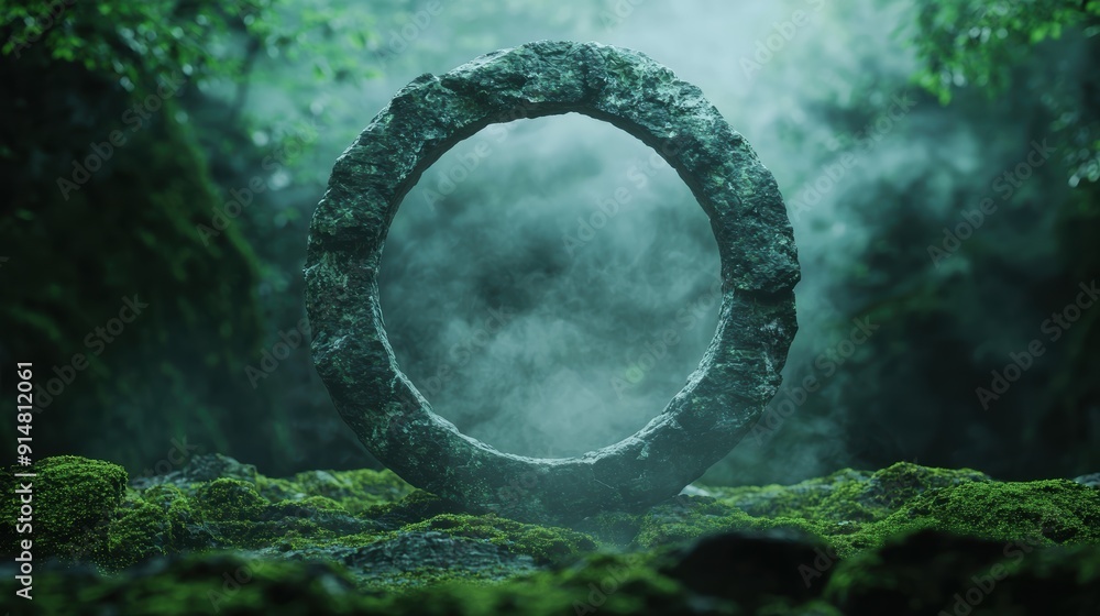 Fototapeta premium Mysterious stone archway in misty forest