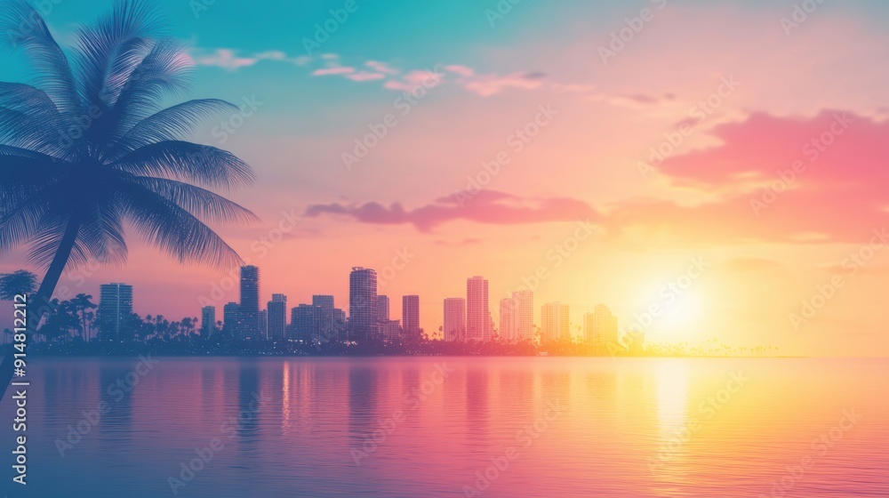 Obraz premium A vibrant sunset bathes the tropical island and city skyline in warm colors, reflecting beautifully on the tranquil water