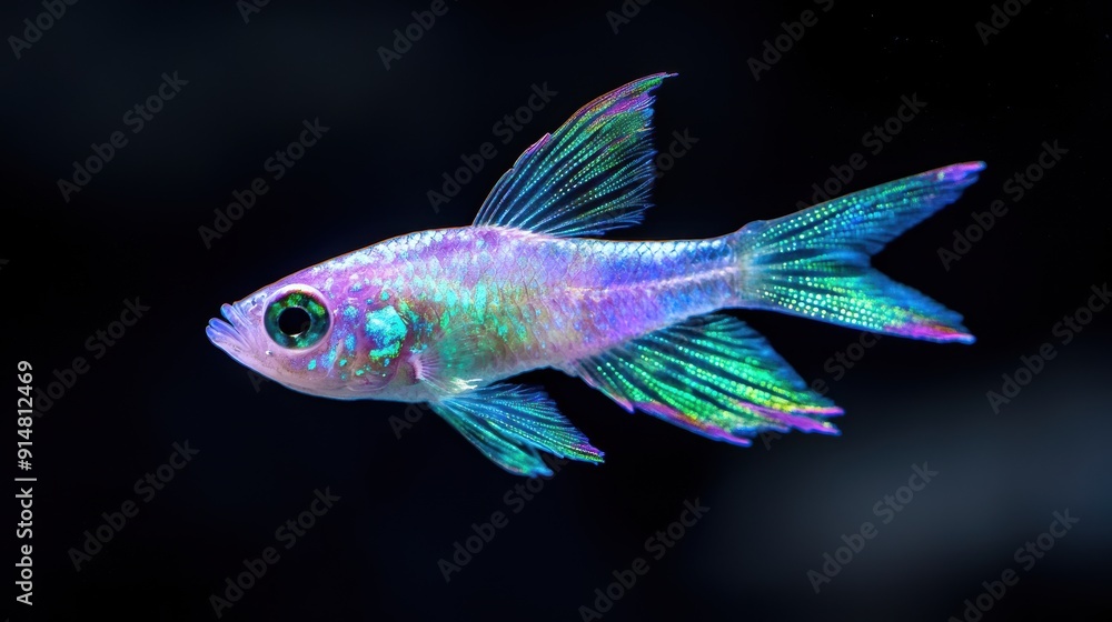 Vibrant iridescent fish swimming in dark water Vibrant iridescent fish swimming in dark water