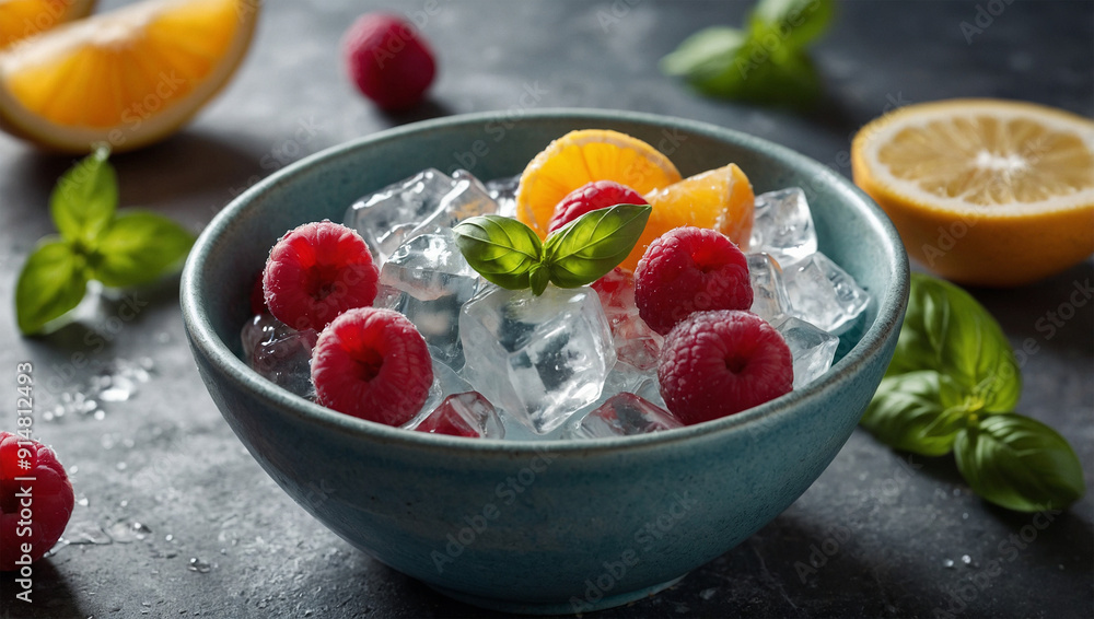 Iced syrup with basil and fruit pieces, served in a small, chilled bowl. Iced syrup with basil and fruit pieces, served in a small, chilled bowl.