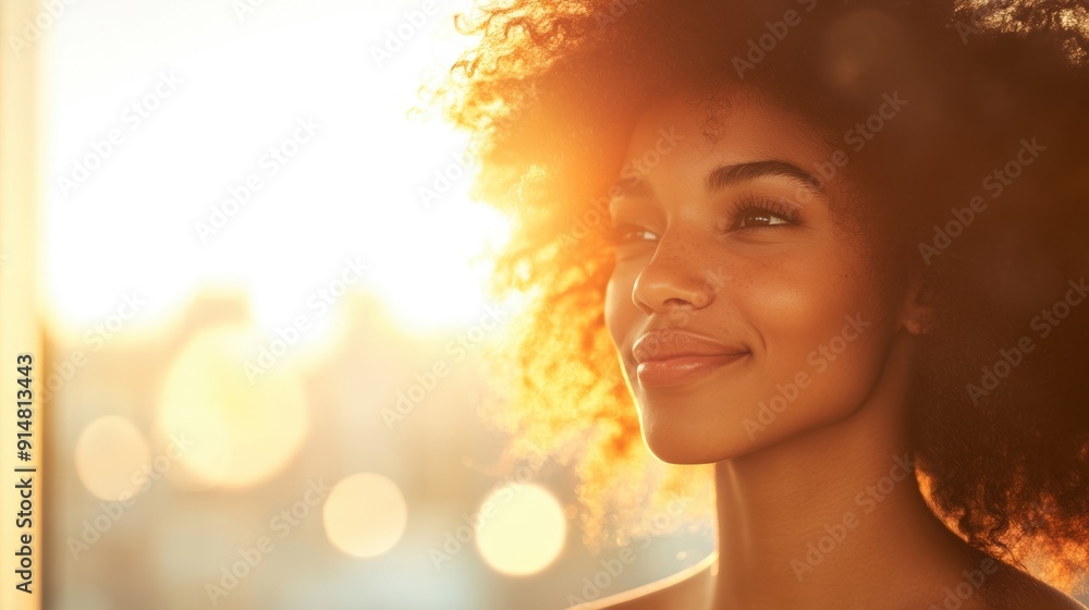 Fototapeta premium A woman smiles warmly while enjoying sunlight streaming into her home office