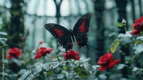 Vibrant butterfly on red roses