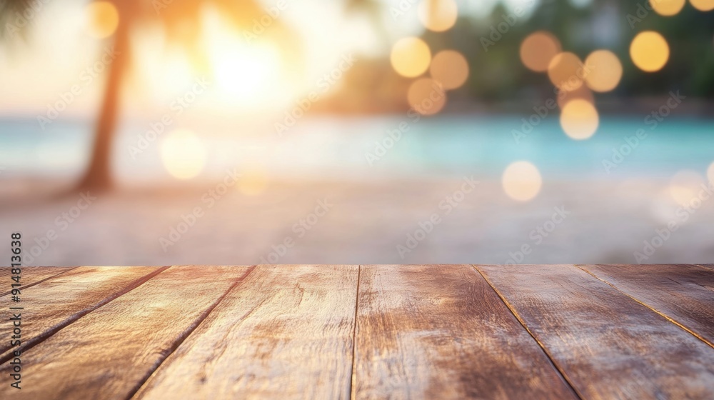 A wooden table stands invitingly on a tropical beach as the sun sets, creating a serene atmosphere A wooden table stands invitingly on a tropical beach as the sun sets, creating a serene atmosphere