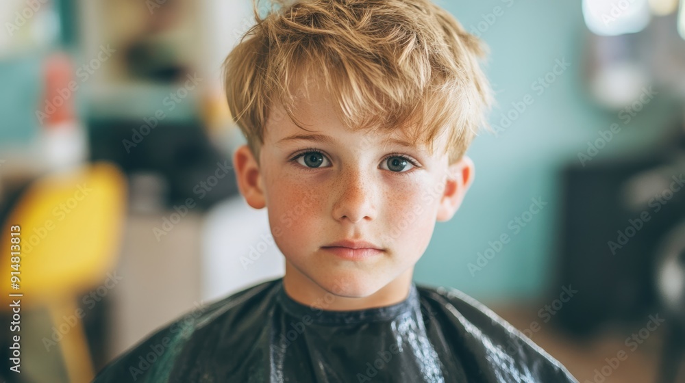 A young boy gets a stylish haircut at a salon, eagerly anticipating his new look A young boy gets a stylish haircut at a salon, eagerly anticipating his new look