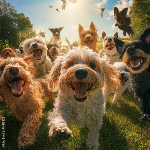 A photorealistic image of a diverse group of dogs of all breeds and sizes, playfully frolicking in a sun-drenched park on International Dog Day.