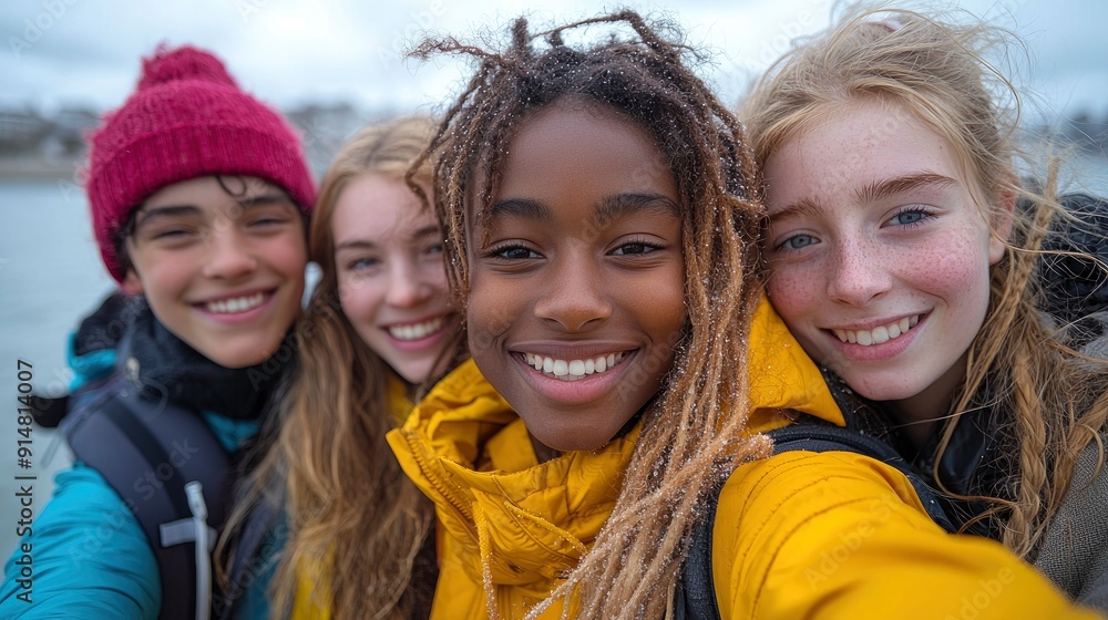 Five Millennial Friends Posing For Photos On A Coastal Path Five Millennial Friends Posing For Photos On A Coastal Path