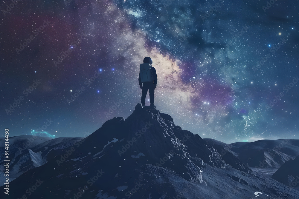 Astronaut Standing on Mountain Peak Under Starry Night Sky Illustration Astronaut Standing on Mountain Peak Under Starry Night Sky Illustration