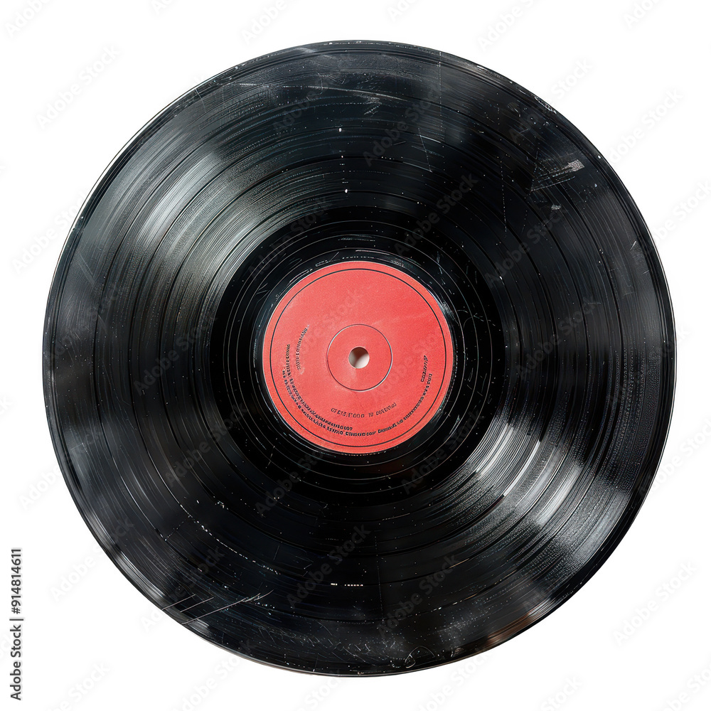 A black record with a red label on it A black record with a red label on it