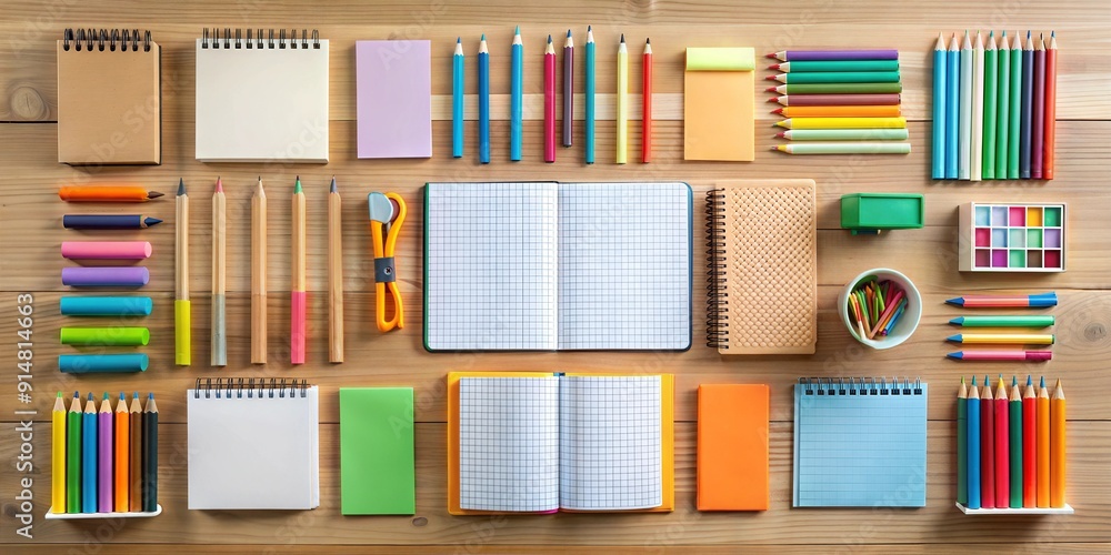 Fototapeta premium Everything is ready to study. Knolling on the table: textbooks, notebooks, pens, ruler, pencils, eraser, markers, sharpener. Back-to-school concept
