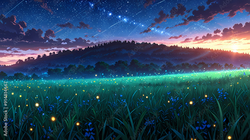 Fototapeta premium A serene anime landscape featuring a starry sky above lush green grass, evoking a sense of tranquility and wonder. 