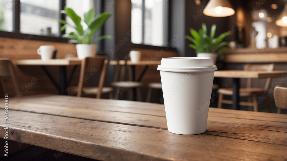 white paper cup on a rustic wooden table in a bustling coffee shop white paper cup on a rustic wooden table in a bustling coffee shop