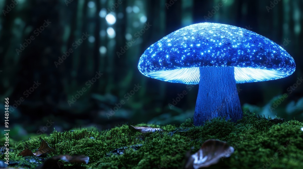 Fototapeta premium Glowing blue mushroom in a dark forest