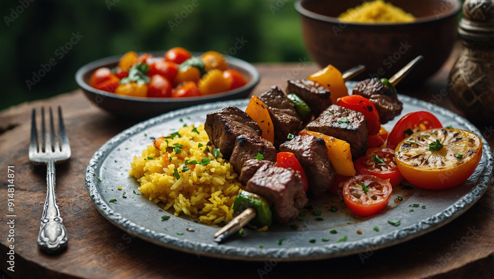 Juicy beef kebabs with grilled vegetables, served on a platter with a side of saffron rice Juicy beef kebabs with grilled vegetables, served on a platter with a side of saffron rice