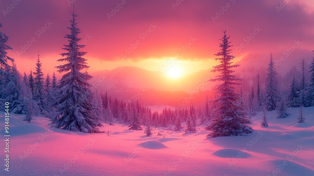 Holiday Magic: Snowy Fir Trees and Sunset Sky in Winter Landscape Wallpaper. Generative AI Holiday Magic: Snowy Fir Trees and Sunset Sky in Winter Landscape Wallpaper. Generative AI