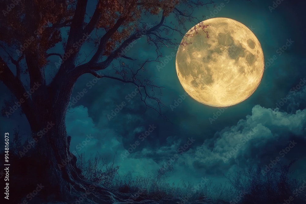 A Silhouetted Tree Under a Full Moon in a Night Sky with Clouds A Silhouetted Tree Under a Full Moon in a Night Sky with Clouds