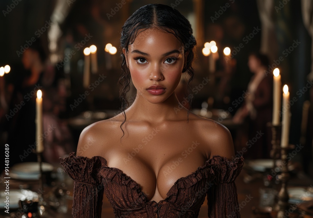 Alluring woman in elegant dress posing in candlelit setting Alluring woman in elegant dress posing in candlelit setting