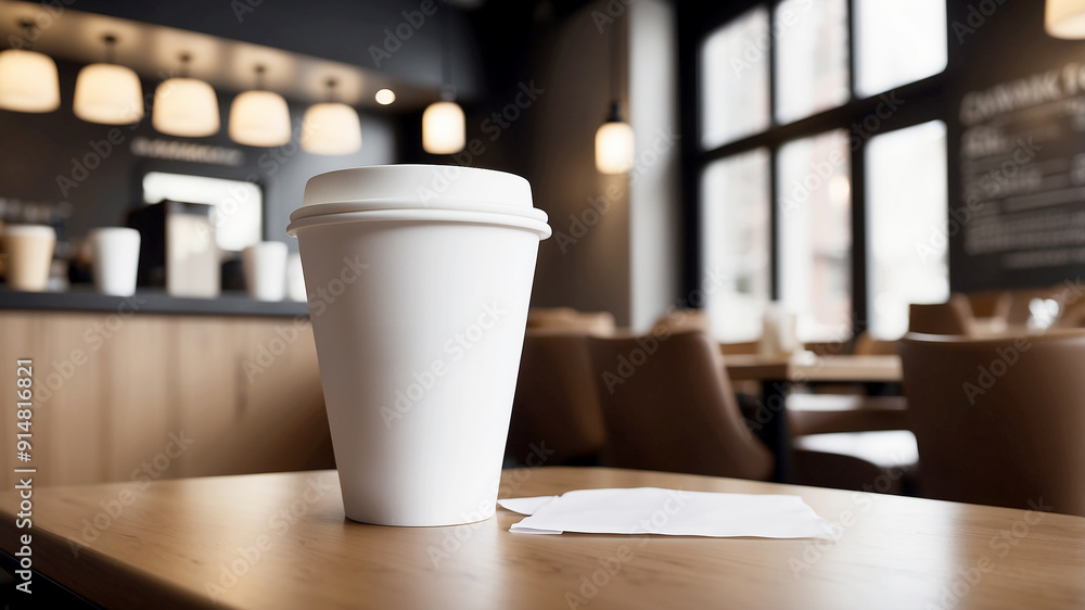 white paper cup placed on a table in a chic coffee shop, with a focus on the cup’s blank surface white paper cup placed on a table in a chic coffee shop, with a focus on the cup’s blank surface