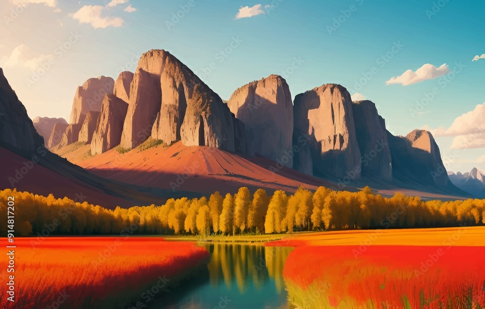 Fototapeta premium Beautiful and Peaceful Nature Scenery Illustration, Landscape, Countryside, Tranquil, Vibrant and Colorful