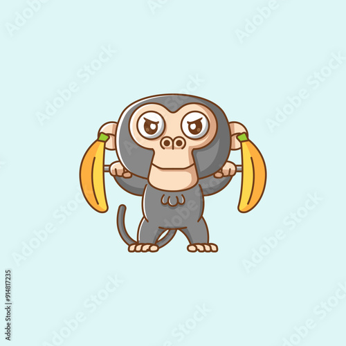 Cute monkey lifting banana barbel food kawaii chibi character mascot illustration outline style design