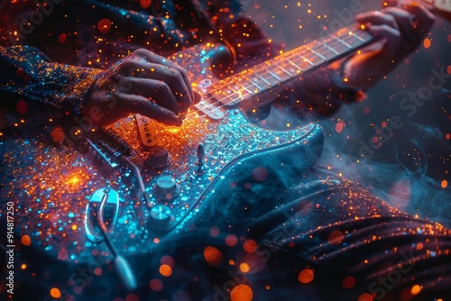 A close-up of a guitarist strumming, with colorful dust bursting from the guitar strings. The image emphasizes the motion and energy, AI Generative