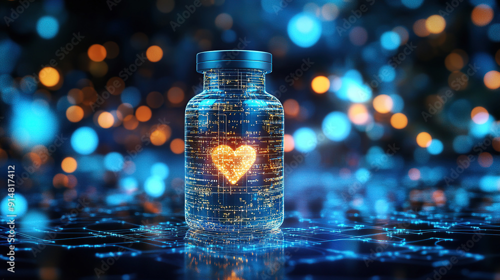 A futuristic digital bottle of health on an abstract background with glowing data points and circuit patterns A futuristic digital bottle of health on an abstract background with glowing data points and circuit patterns