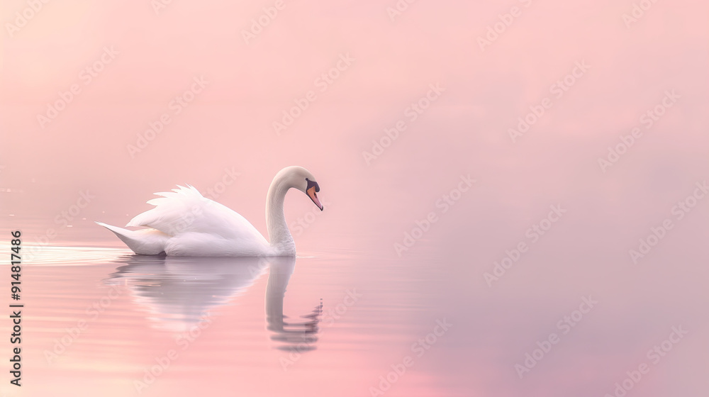 Fototapeta premium swan on the lake nature soft light sunset pink calm