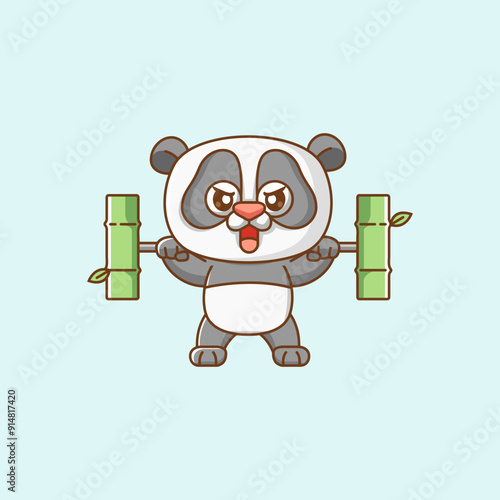 Cute panda lifting bamboo barbel food kawaii chibi character mascot illustration outline design