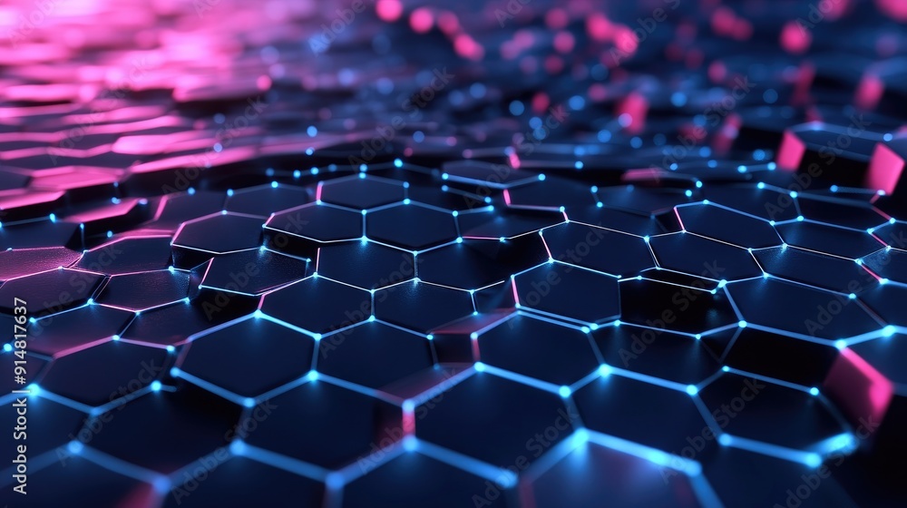 Obraz premium High-tech 3D background with hexagonal grid and digital data streams, advanced design