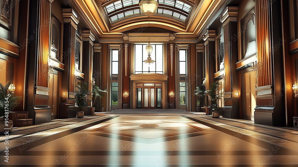 Obraz premium The interior of a luxury hotel lobby, a grand entrance hall with tall windows and arched doorways
