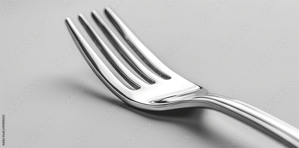 Perspective view of ground fork lying on white surface with tines appearing larger and handle receding into distance. Minimalist detailed composition Perspective view of ground fork lying on white surface with tines appearing larger and handle receding into distance. Minimalist detailed composition