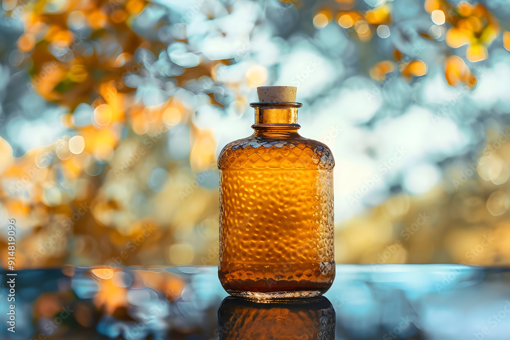 Amber Glass Bottle with Cork Stopper on Reflective Surface with Bokeh Background Photo Amber Glass Bottle with Cork Stopper on Reflective Surface with Bokeh Background Photo