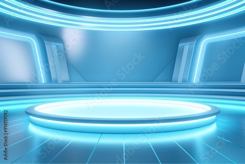 Futuristic Blue Stage with Neon Lights.
