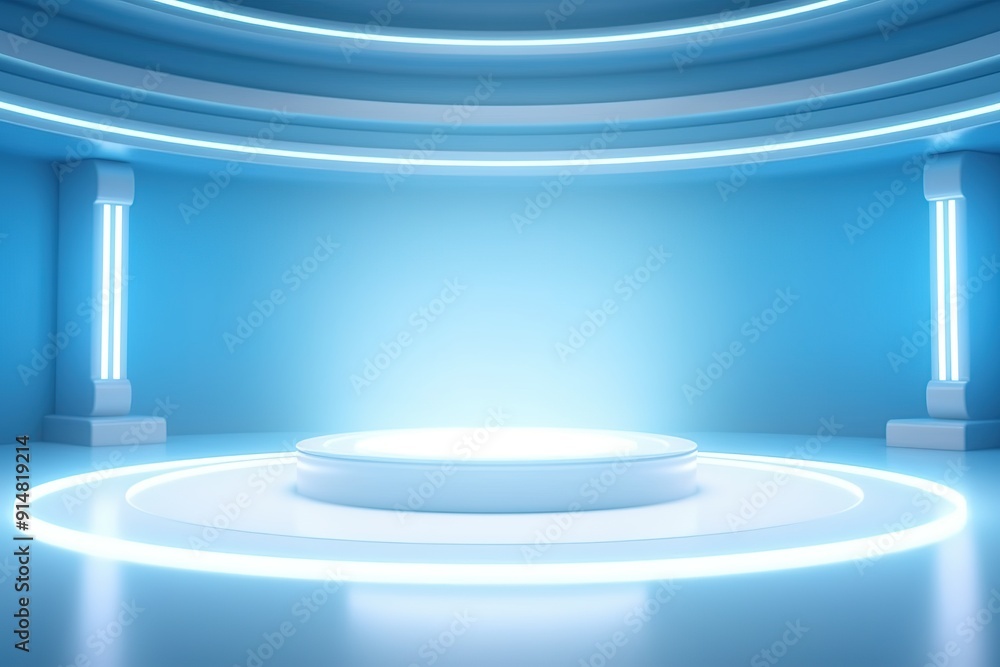 Futuristic platform with glowing lights in a blue room. Futuristic platform with glowing lights in a blue room.
