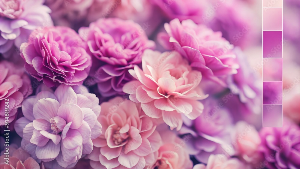 Fototapeta premium Close-up Macro of Soft Pink and Purple Flowers with Color Palette - Floral Photography, Flower Macro, Pastel Colors, Soft Focus, Nature