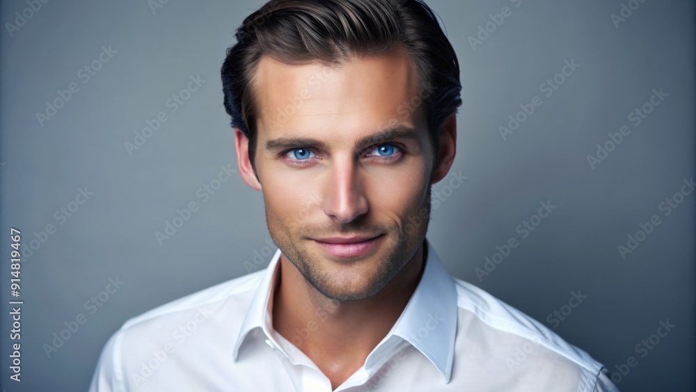 Fototapeta premium Close-up Portrait of a Man with Blue Eyes Wearing a White Shirt, Headshot Photography, Portrait Photography, Male Model