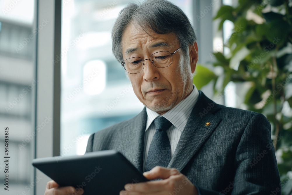 Japanese professional looking at a tablet in the office Japanese professional looking at a tablet in the office