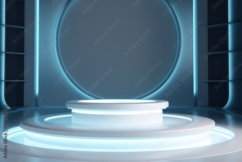 Futuristic platform with neon blue lights for product display. Futuristic platform with neon blue lights for product display.