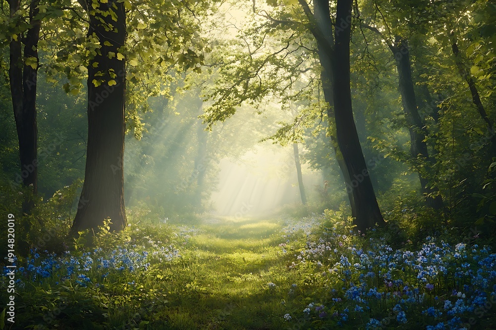 Obraz premium Sunbeams Illuminating a Path in a Misty Forest