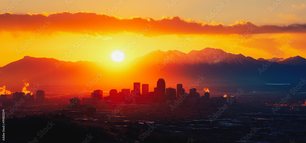 Fototapeta premium Stunning Sunset Over Urban Skyline and Mountain Range in the Late Evening Light