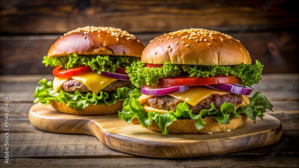 Gourmet Cheeseburger Duo A Close-Up Perspective - Photography Composition Two Burgers, Wooden Cutting Board, Wooden Background - Food Photography, Cheeseburger, Fast Food, Delicious, Appetizing Gourmet Cheeseburger Duo A Close-Up Perspective - Photography Composition Two Burgers, Wooden Cutting Board, Wooden Background - Food Photography, Cheeseburger, Fast Food, Delicious, Appetizing