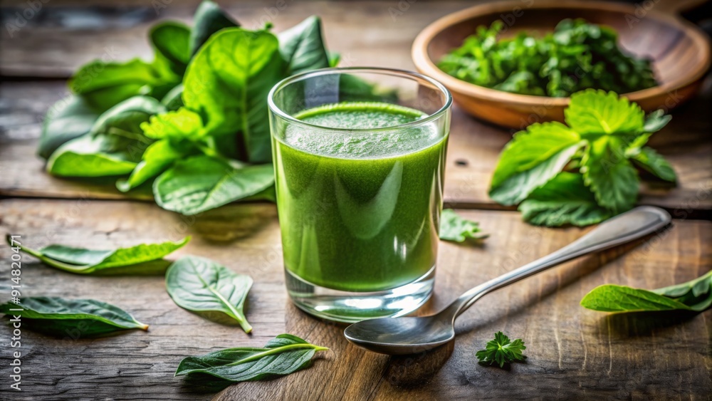 Green Smoothie Delight A Close-up of a Refreshing Drink with Spinach, Parsley, and a Spoon on a Wooden Background - Healthy, Vegan, Detox, Nutrition, Fresh Green Smoothie Delight A Close-up of a Refreshing Drink with Spinach, Parsley, and a Spoon on a Wooden Background - Healthy, Vegan, Detox, Nutrition, Fresh