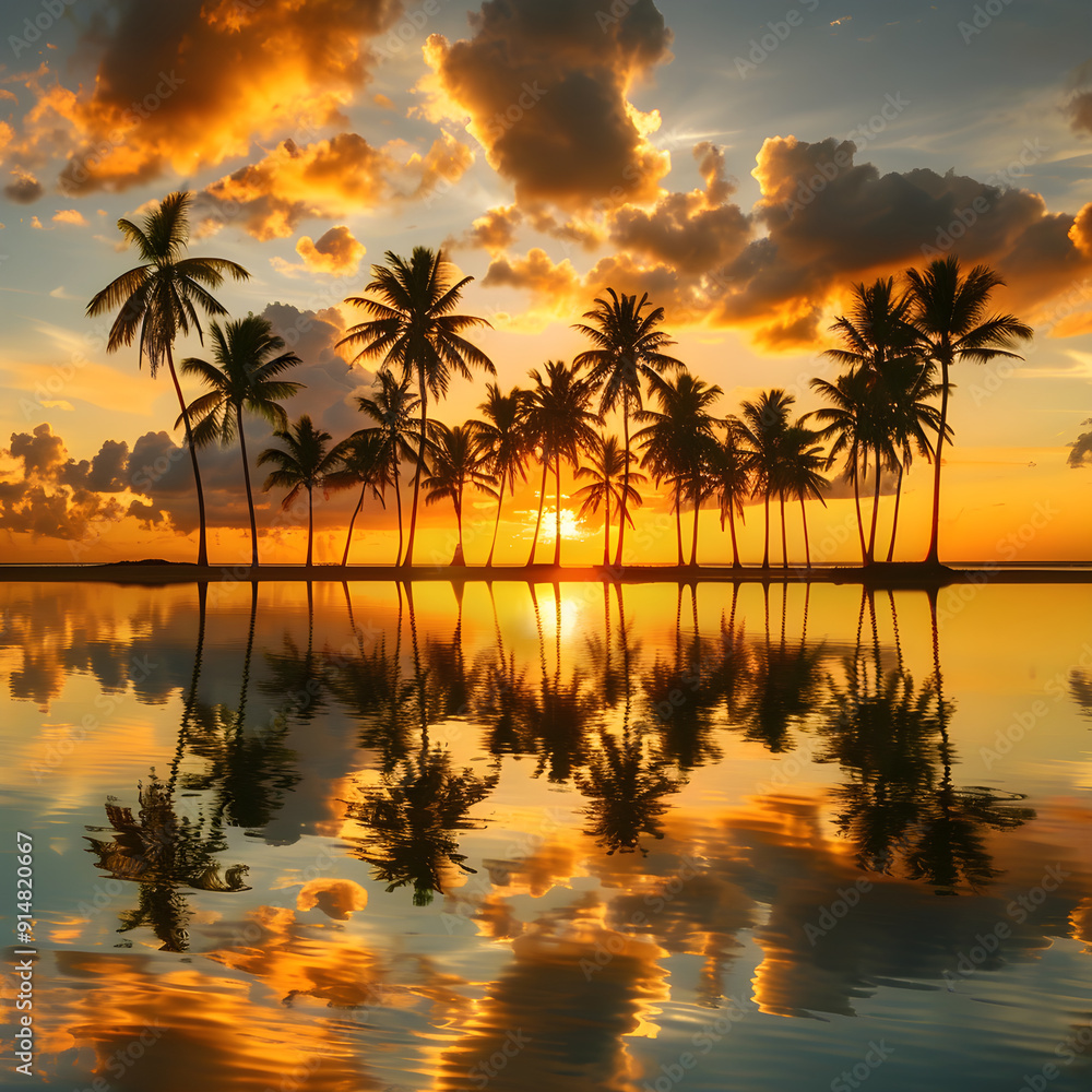 Golden Sunset Over Tranquil Beach with Silhouetted Palm Trees Golden Sunset Over Tranquil Beach with Silhouetted Palm Trees