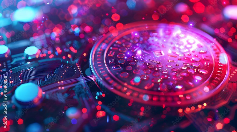 Abstract 3D Render of a Circuit Board with Red and Blue Lights Abstract 3D Render of a Circuit Board with Red and Blue Lights