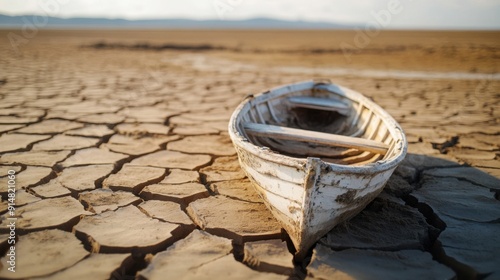 A lone boat rests on a parched ocean bed, symbolizing the despair and powerlessness of Learned Helplessness. Created with Generative AI. photo