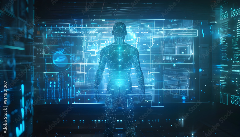 A futuristic digital rendering of a human figure in a digital network. A futuristic digital rendering of a human figure in a digital network.