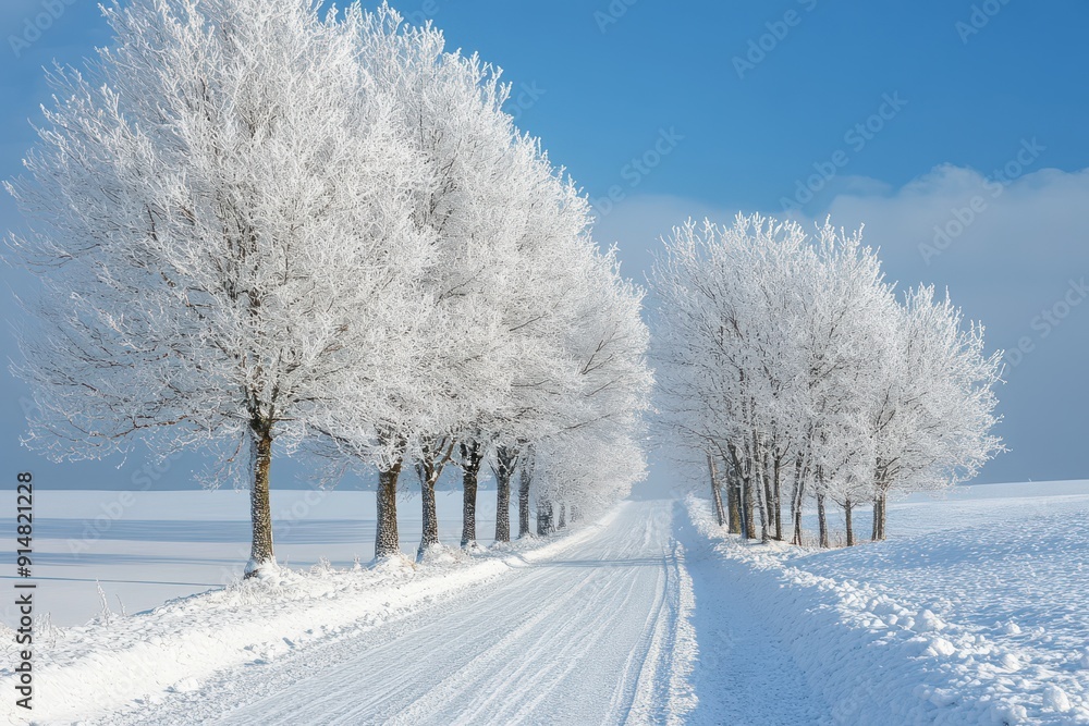 Fototapeta premium A snowy road with trees in the background