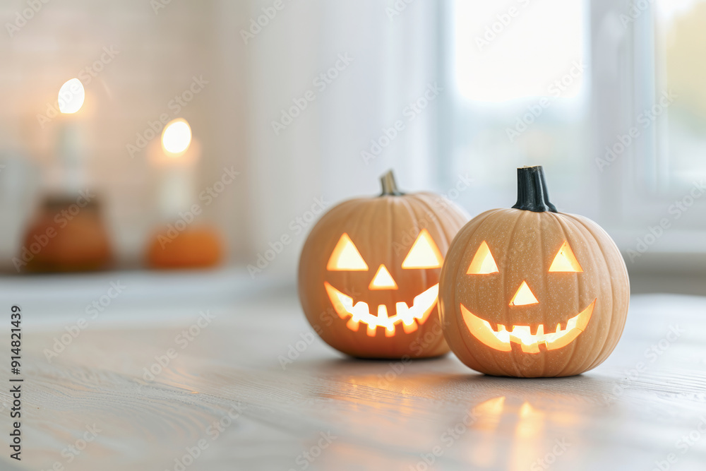 Halloween pumpkins with carved faces on a wooden table against a blurred window with candles lighting the room, copy space for design or text... Halloween pumpkins with carved faces on a wooden table against a blurred window with candles lighting the room, copy space for design or text...