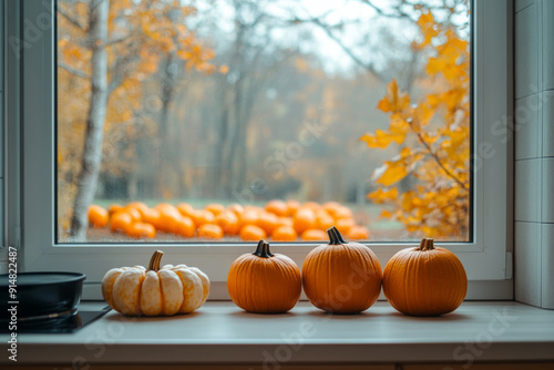 Pumpkins and fall leaves on the kitchen countertop with a window in the background showing autumn trees, cozy warm light.